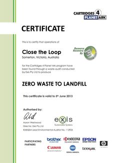 Zero Waste To Landfill certificate